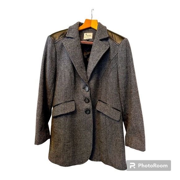 Women’s Wool Houndstooth Winter Coat with Vegan Leather Accents Size 14 - Picture 1 of 9